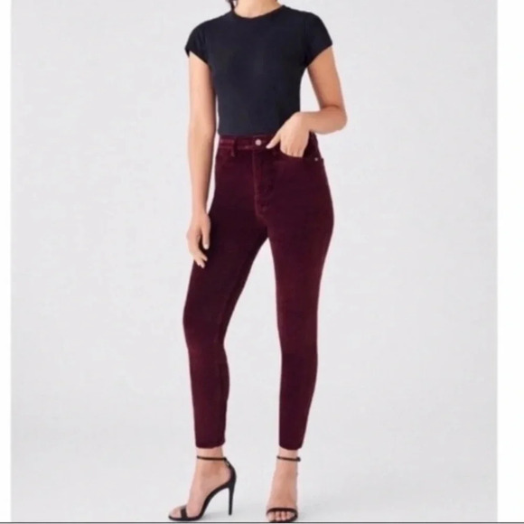 DL 1961 Womens 28 Chrissy Ankle Ultra High Rise Skinny Burgundy Velour Pants NWT - Picture 1 of 11